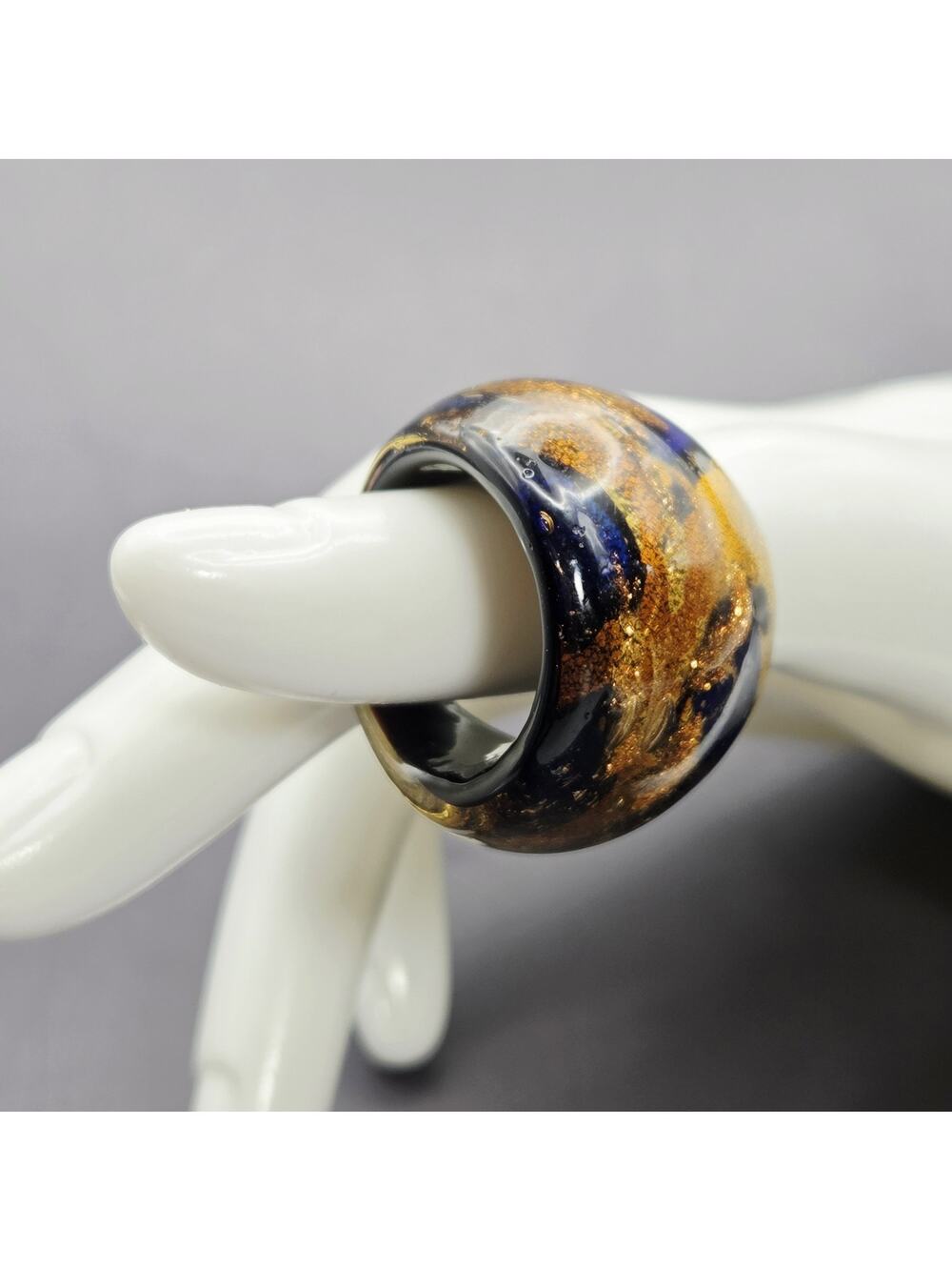 Vintage Murano-Style Glass Dome Ring with Blue and Sparkling Gold Swirls Size 7